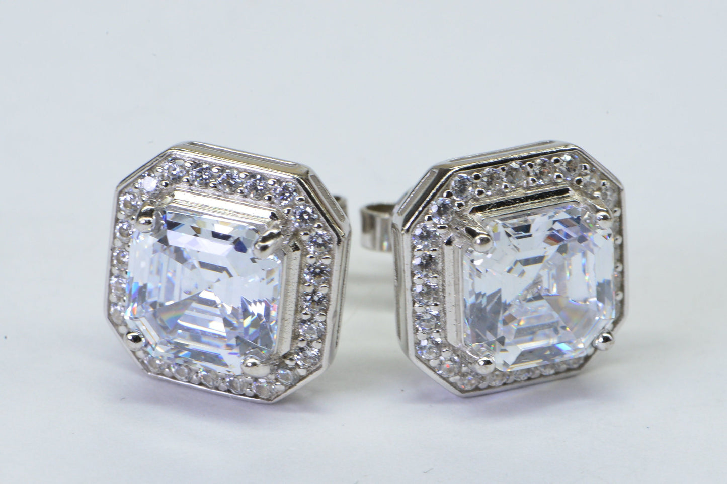 Princess Cut Simulated Diamond Stud Earrings: Sterling Silver Halo Style