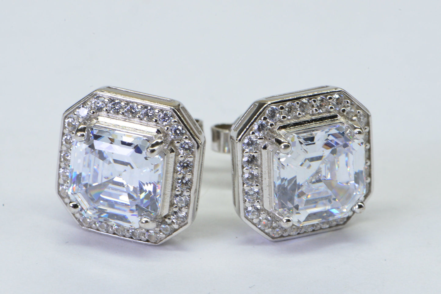 Princess Cut Simulated Diamond Stud Earrings: Sterling Silver Halo Style