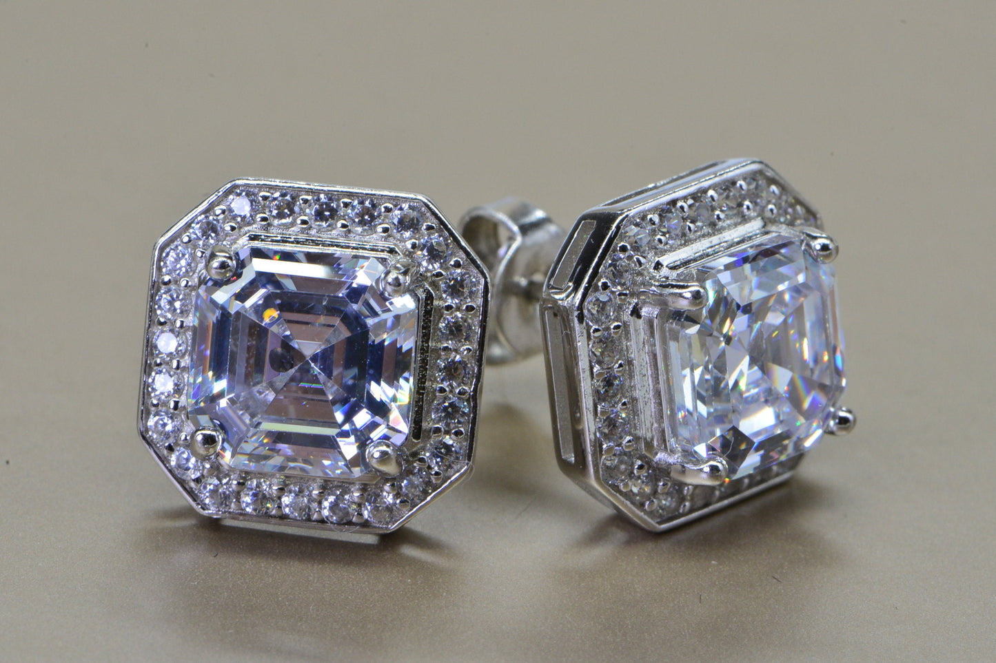 Princess Cut Simulated Diamond Stud Earrings: Sterling Silver Halo Style