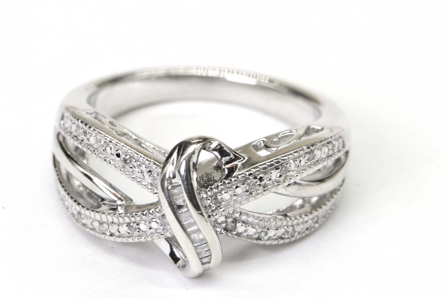 Baguette Diamond Knot Ring: Sterling Silver Anniversary Band, Size 8