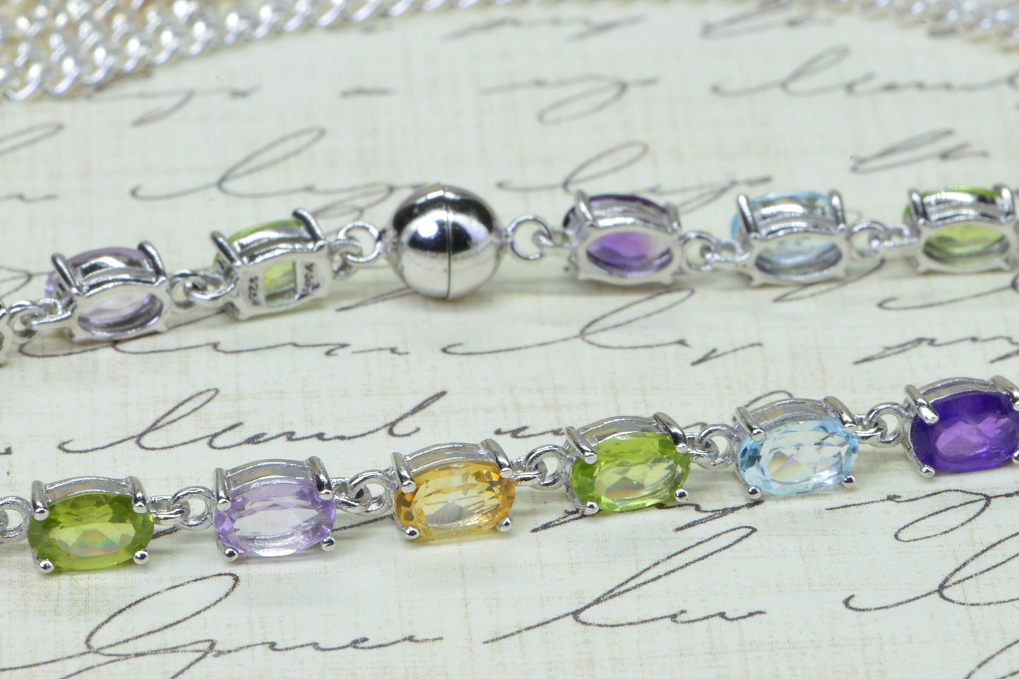 Rainbow Gemstone Necklace Bracelet Set: Sterling Silver Multi-Gem