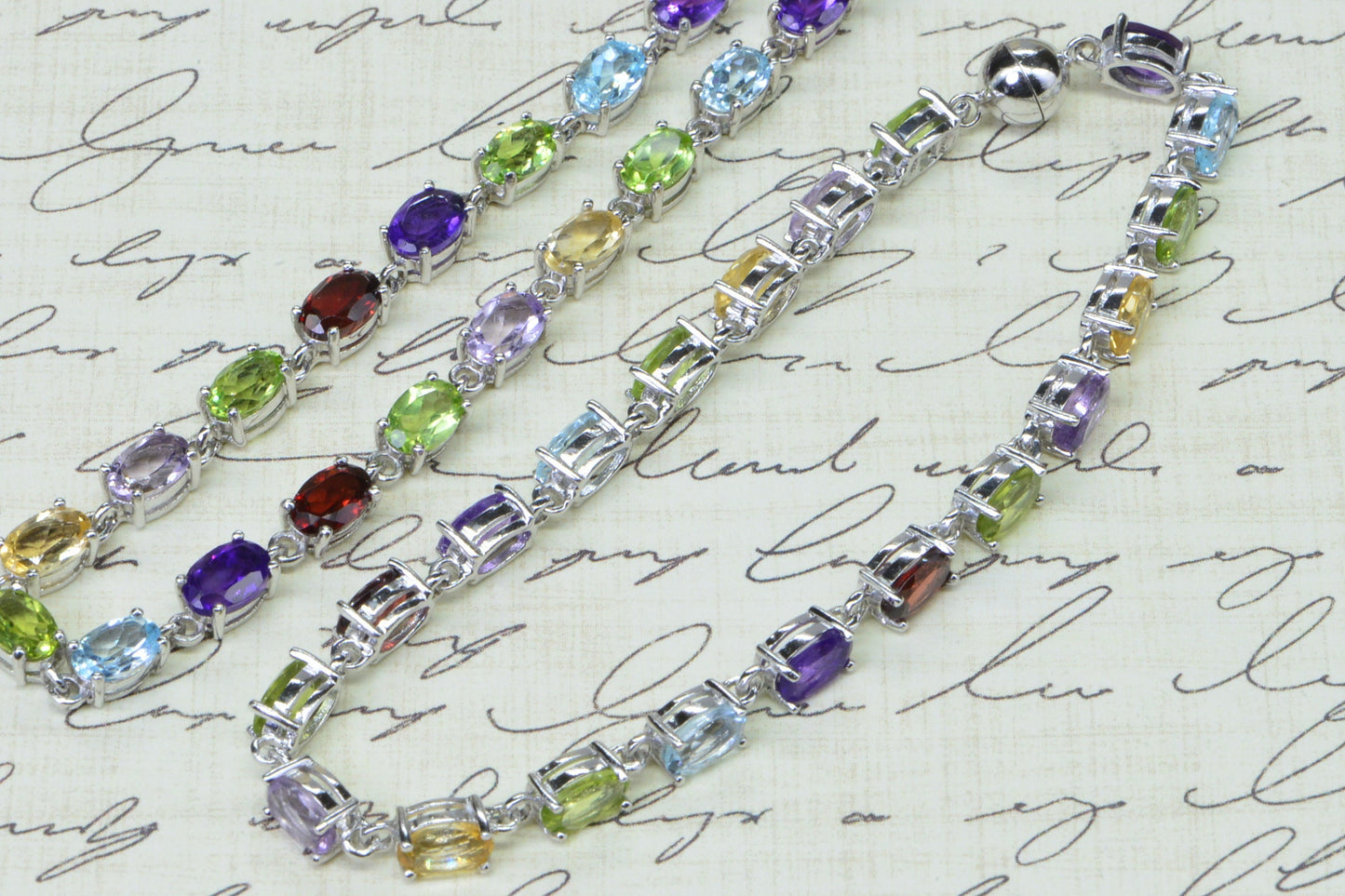 Rainbow Gemstone Necklace Bracelet Set: Sterling Silver Multi-Gem