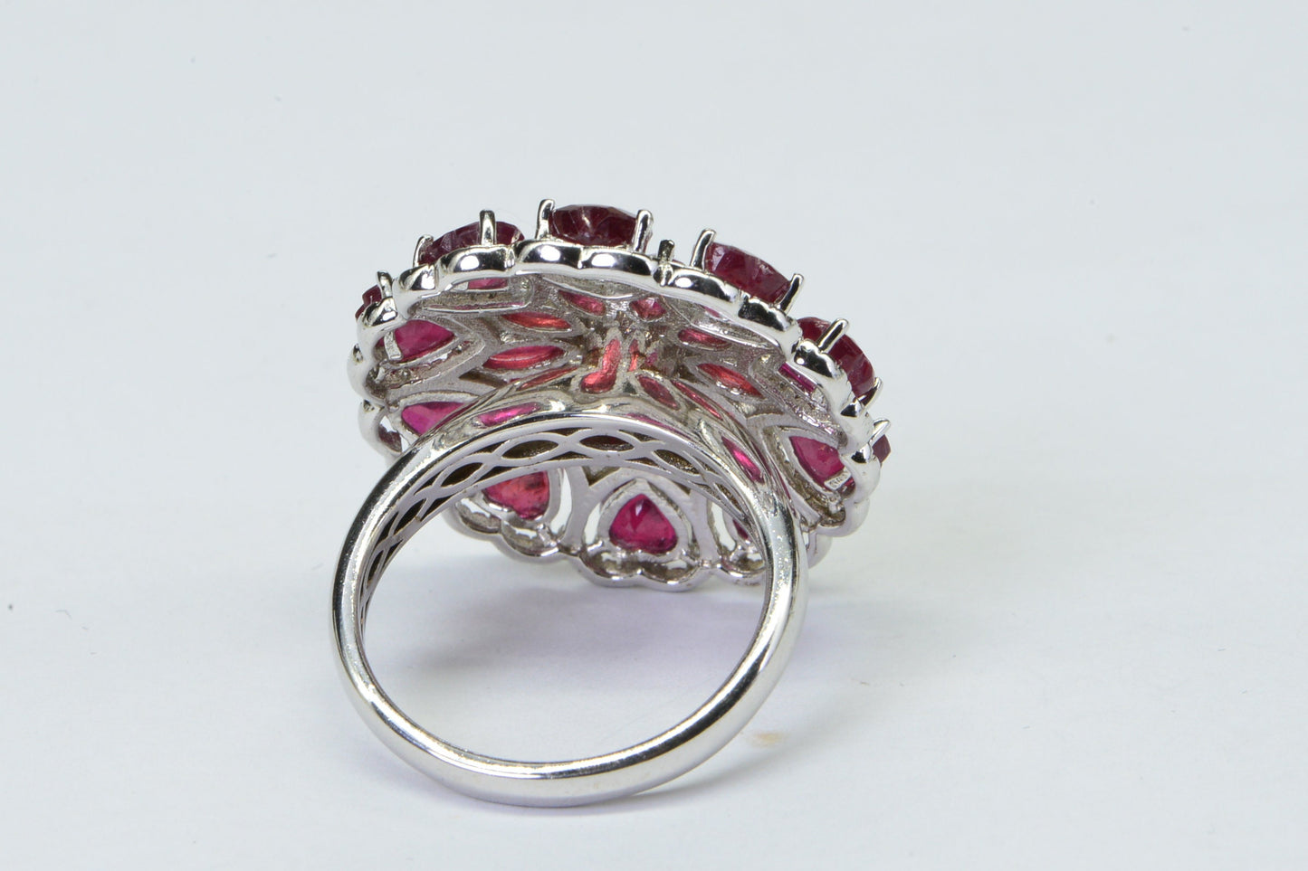 Natural Ruby Large Flower Design Sterling Silver Cocktail Ring  9 size