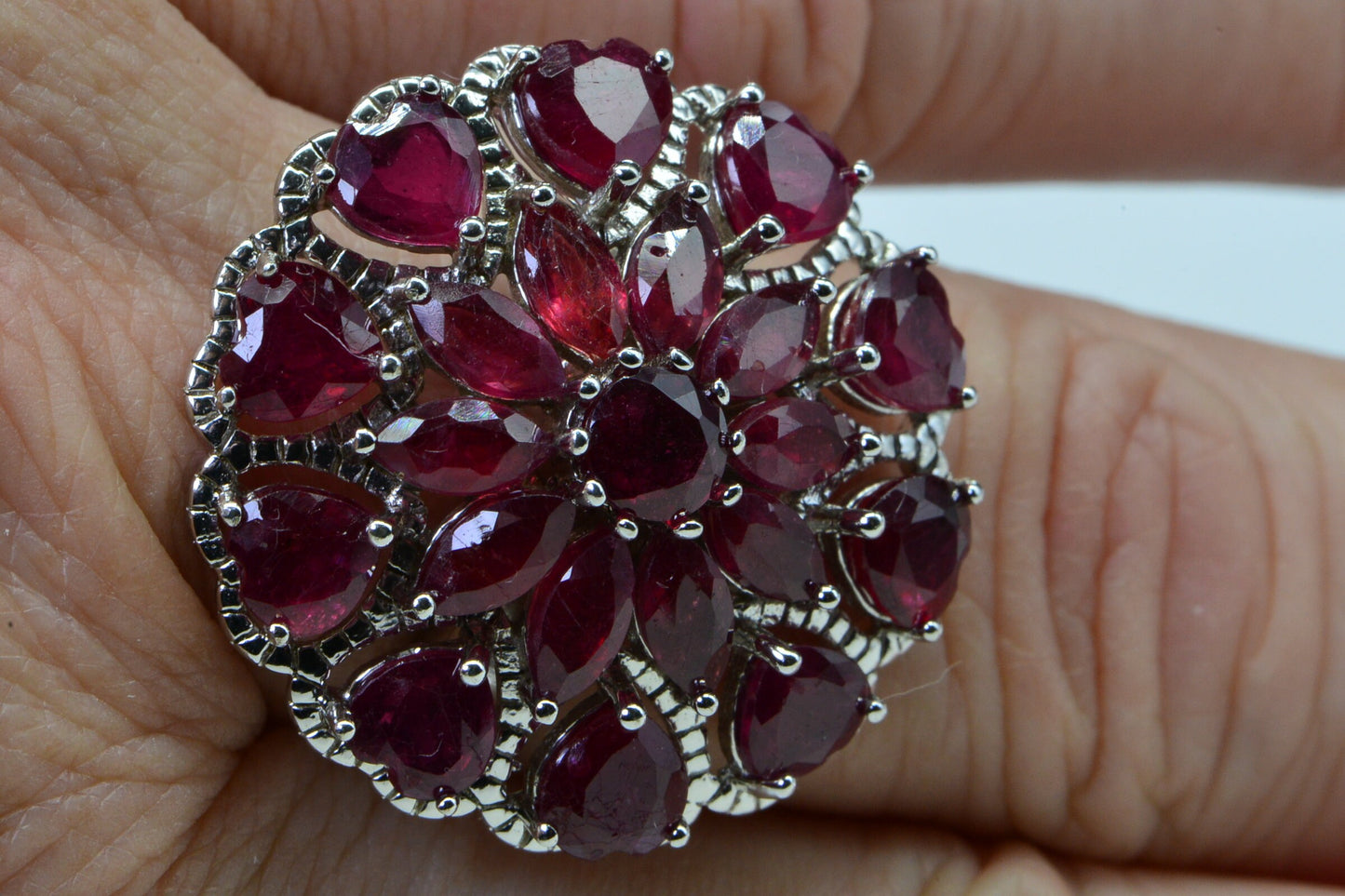 Natural Ruby Large Flower Design Sterling Silver Cocktail Ring  9 size