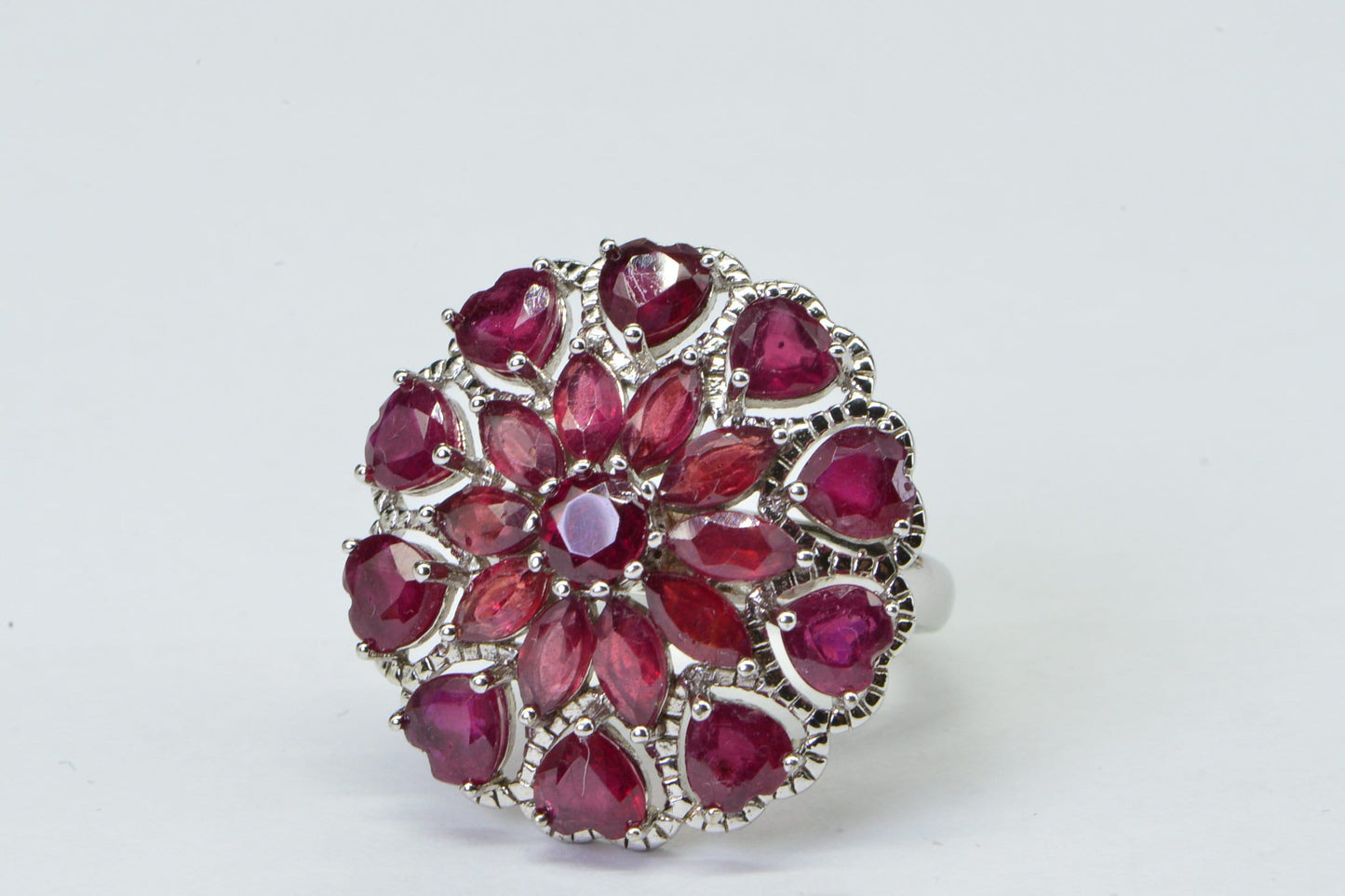 Natural Ruby Large Flower Design Sterling Silver Cocktail Ring  9 size