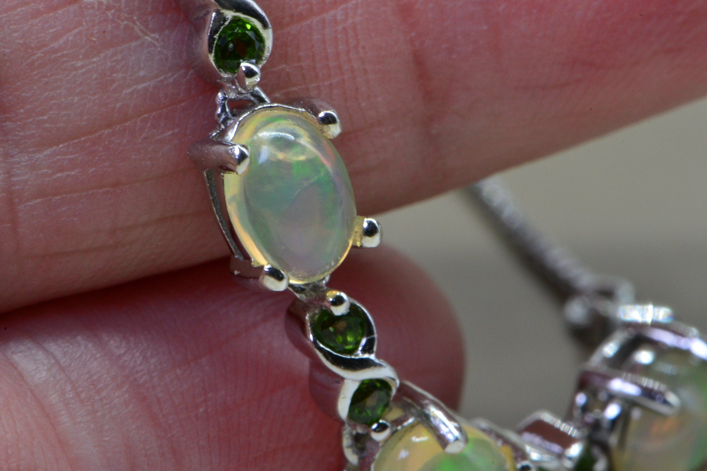 Ethiopian Opal Natural Diopside Sterling Silver Adjustable Bolo Bracelet For Women Birthstone October