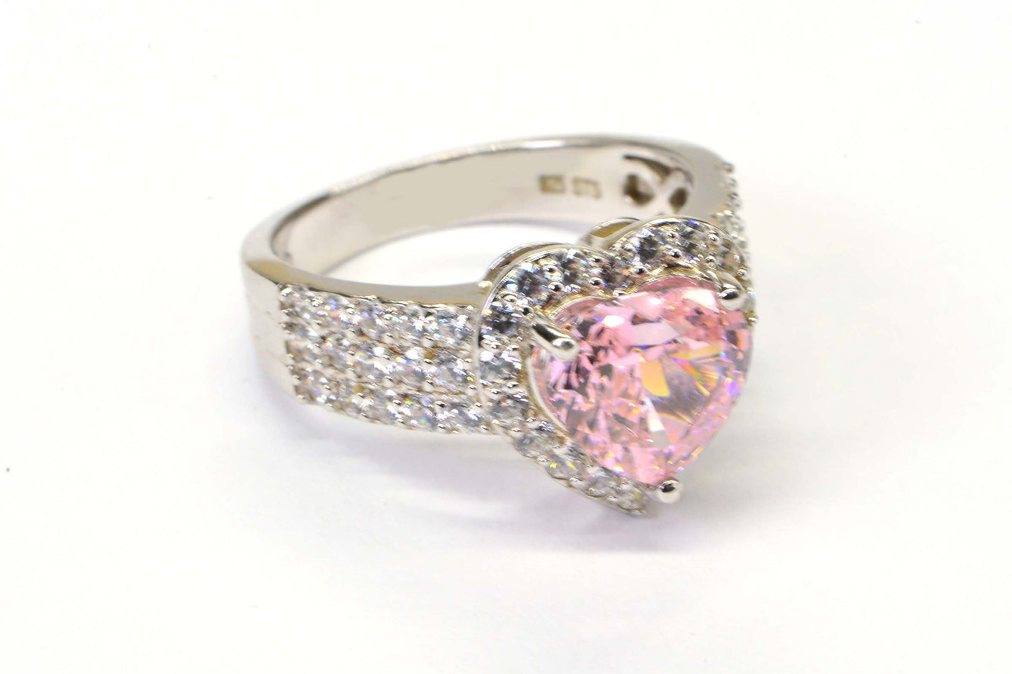 Sakura Pink Heart Ring: Sterling Silver Halo Ring, CZ Diamond Cut