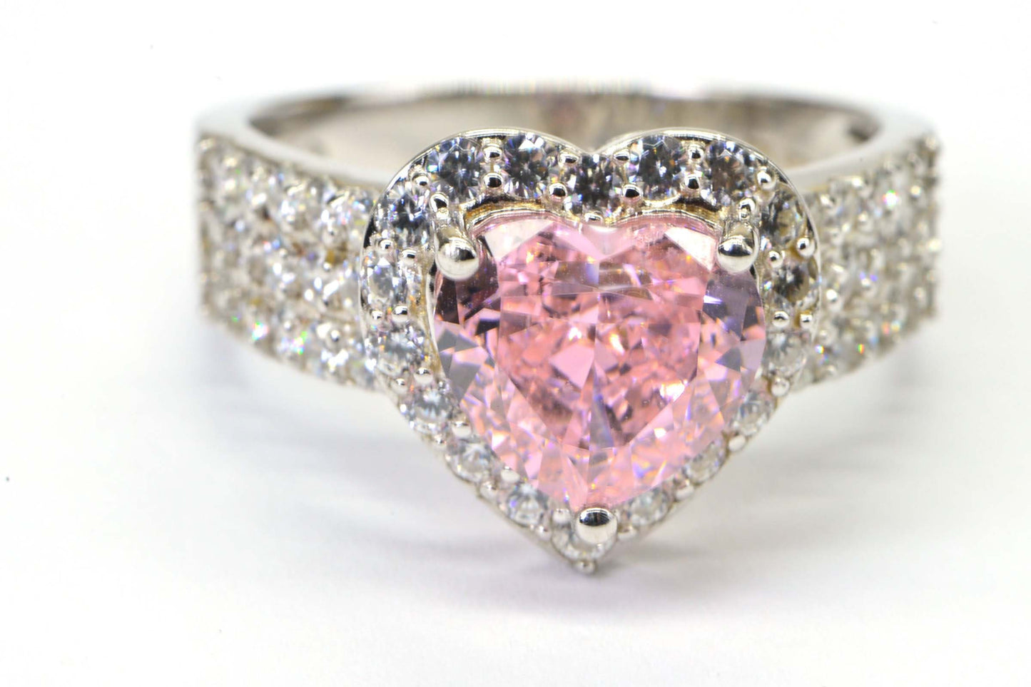 Sakura Pink Heart Ring: Sterling Silver Halo Ring, CZ Diamond Cut