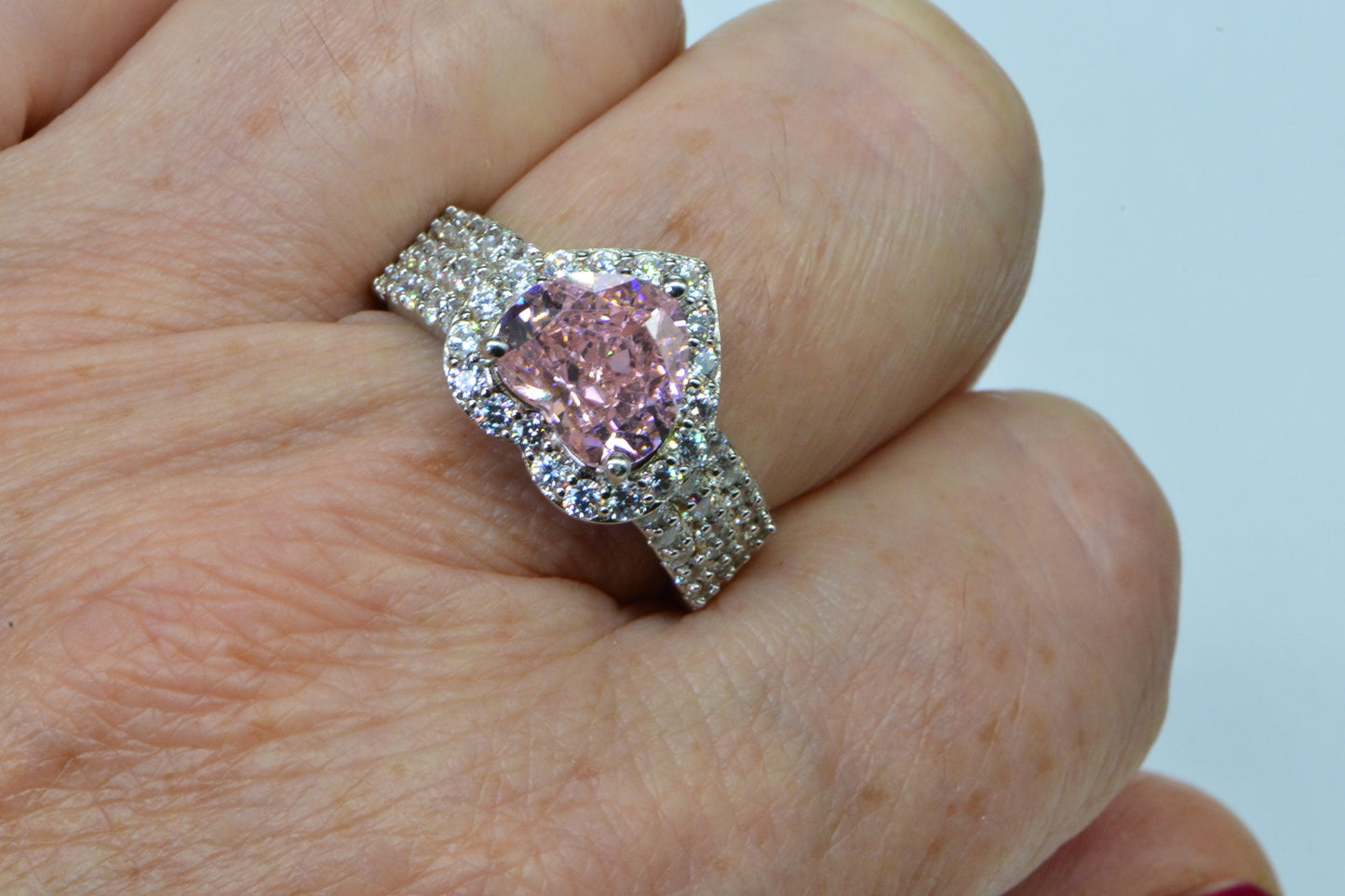 Sakura Pink Heart Ring: Sterling Silver Halo Ring, CZ Diamond Cut