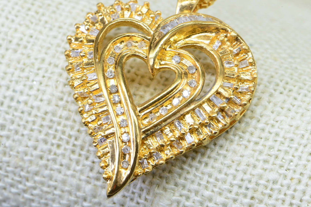 24K Gold Baguette Diamond Heart Pendant - Vintage Sterling Silver