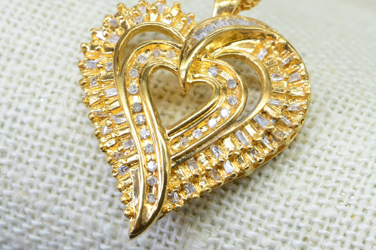24K Gold Baguette Diamond Heart Pendant - Vintage Sterling Silver