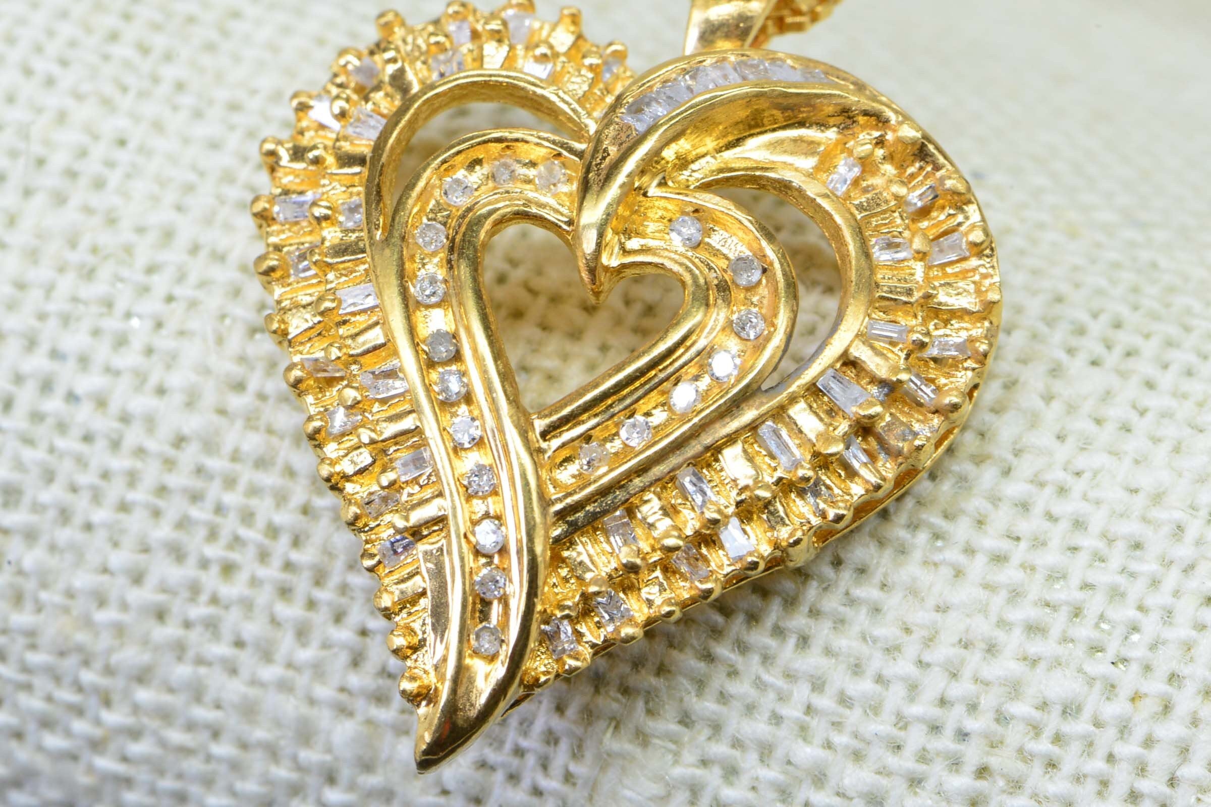 24K Gold Baguette Diamond Heart Pendant - Vintage Sterling Silver