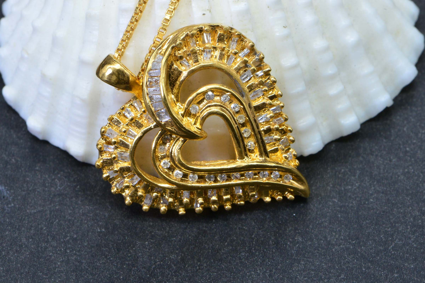 24K Gold Baguette Diamond Heart Pendant - Vintage Sterling Silver