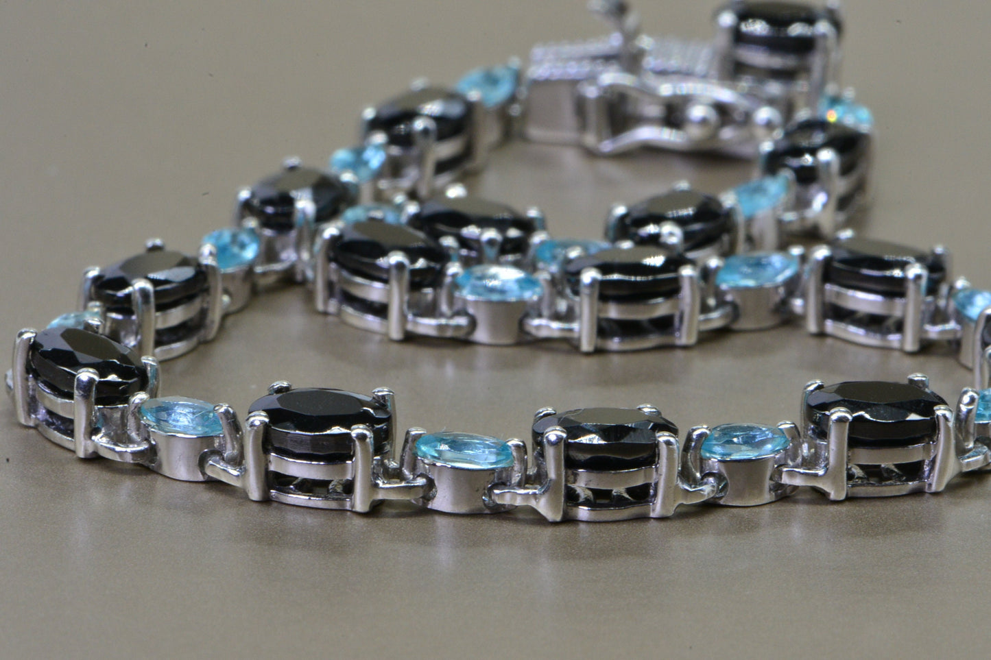 Black Spinel & Apatite Tennis Bracelet, Platinum Over Sterling Silver, Vintage Style