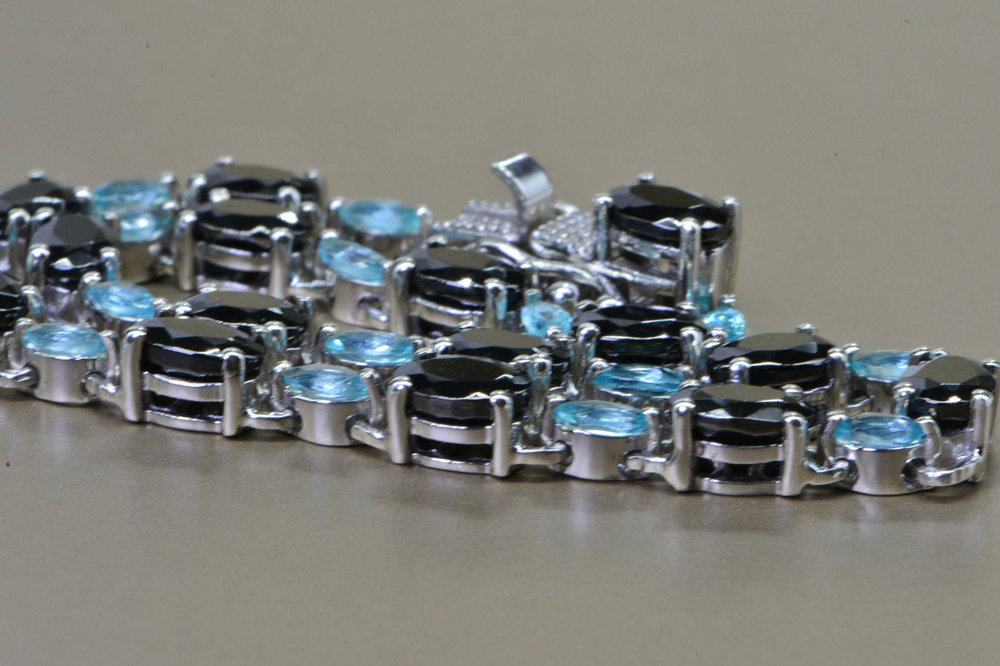 Black Spinel & Apatite Tennis Bracelet, Platinum Over Sterling Silver, Vintage Style