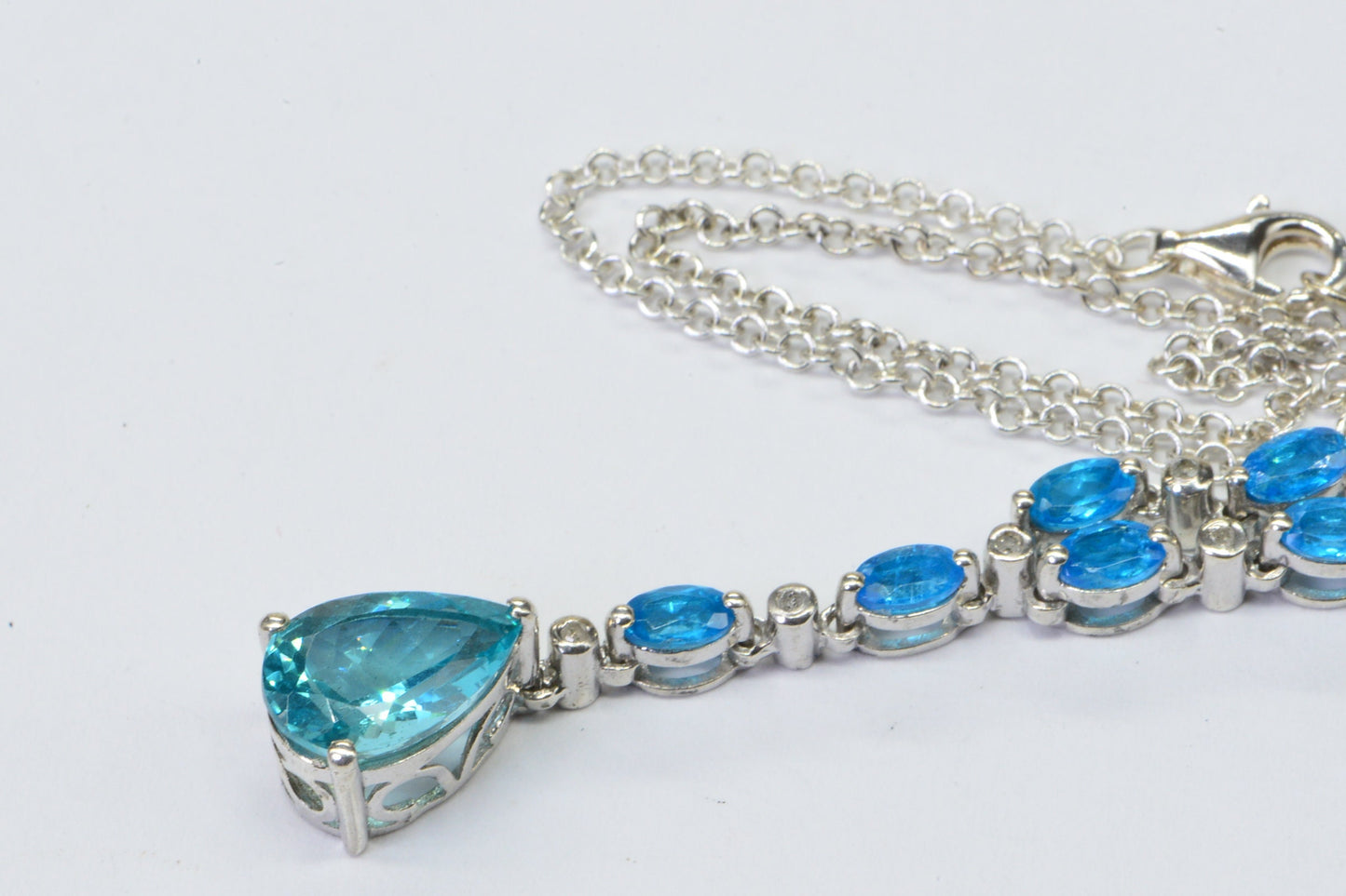 Apatite Diamond Lariat Necklace: Sterling Silver Teardrop Gemstone