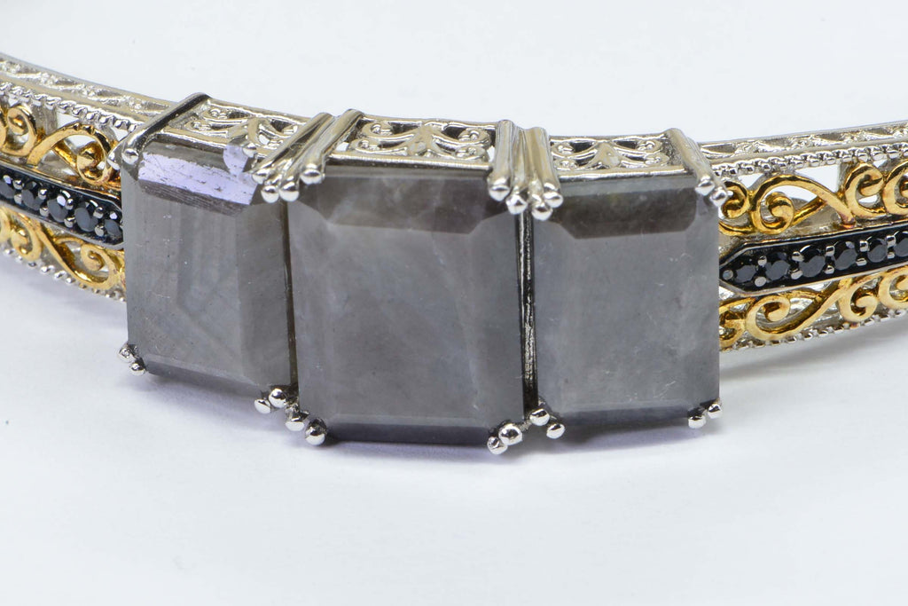 Silver Filigree Bangle Bracelet: Sapphire & Black Spinel, Vintage Style