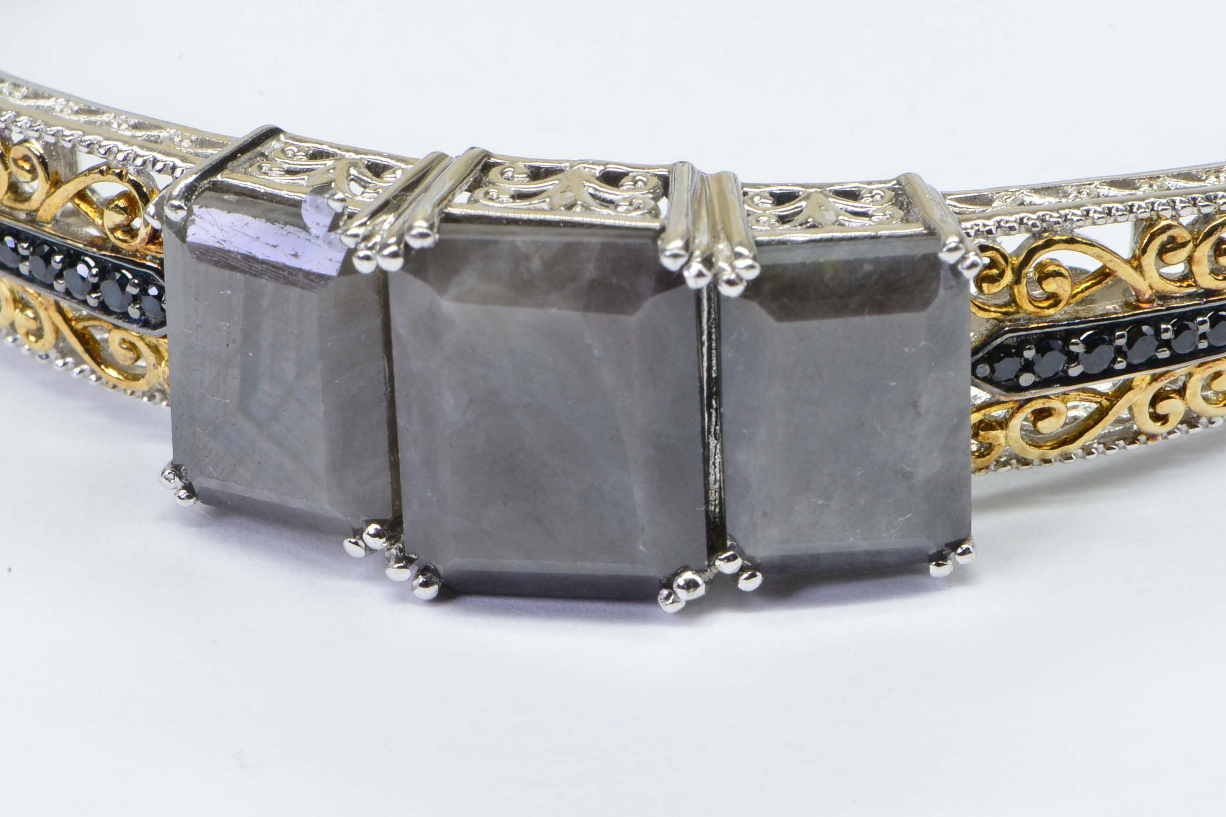Silver Filigree Bangle Bracelet: Sapphire & Black Spinel, Vintage Style