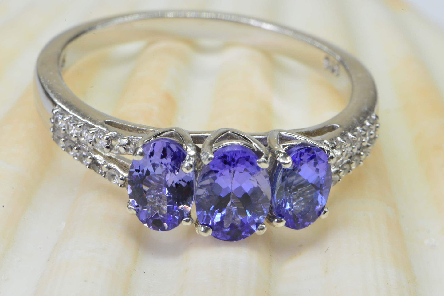 Tanzanite Three Stone Ring: Diamond Accent, 14K White Gold Over Sterling Silver
