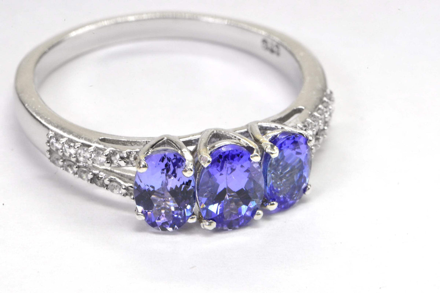 Tanzanite Three Stone Ring: Diamond Accent, 14K White Gold Over Sterling Silver