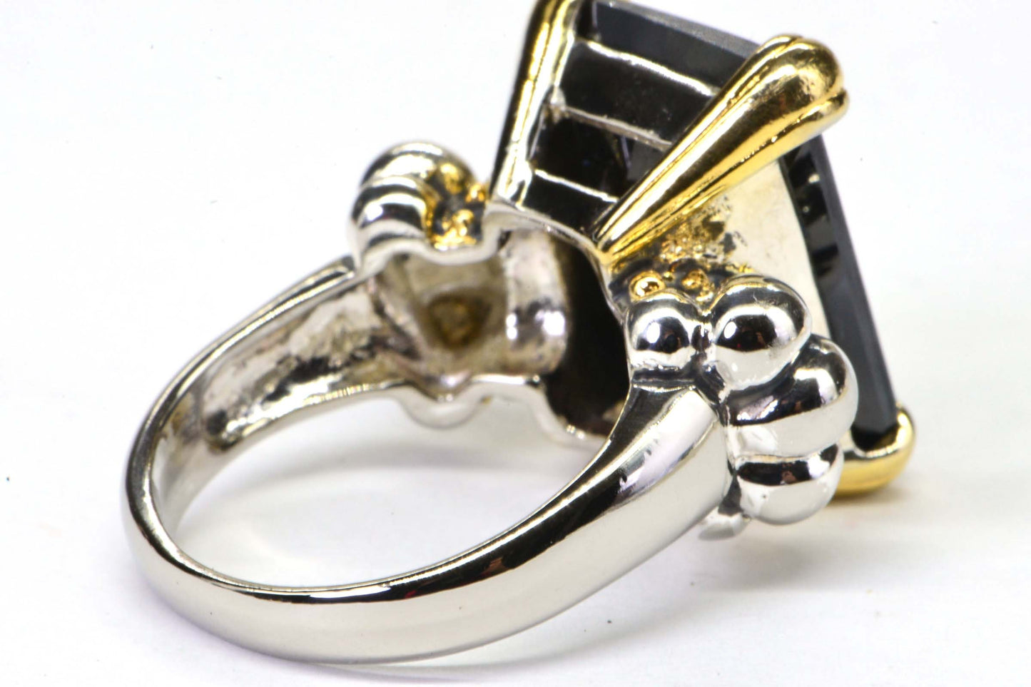 Emerald Cut Black Onyx Ring, 24K Gold & Sterling Silver Cocktail Ring