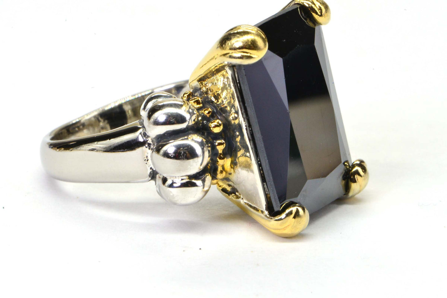 Emerald Cut Black Onyx Ring, 24K Gold & Sterling Silver Cocktail Ring