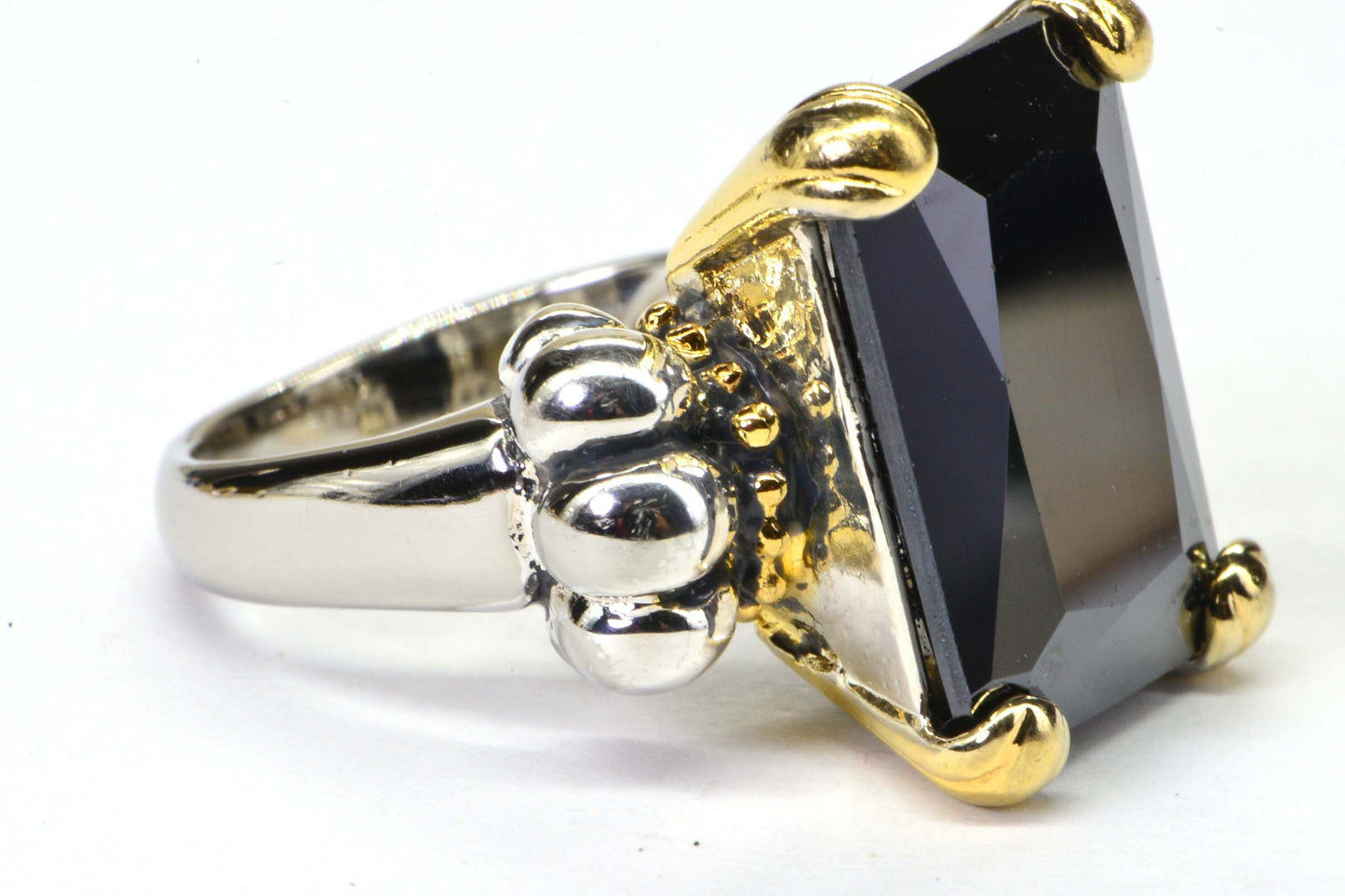 Emerald Cut Black Onyx Ring, 24K Gold & Sterling Silver Cocktail Ring