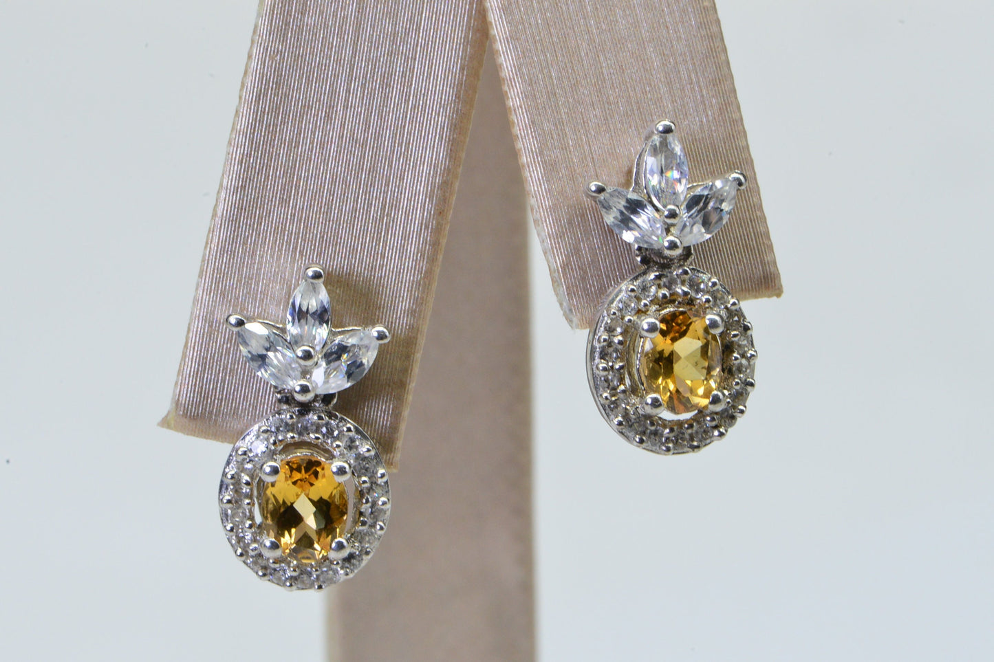 Citrine Stud Earrings, Halo Diamond, Sterling Silver Flower