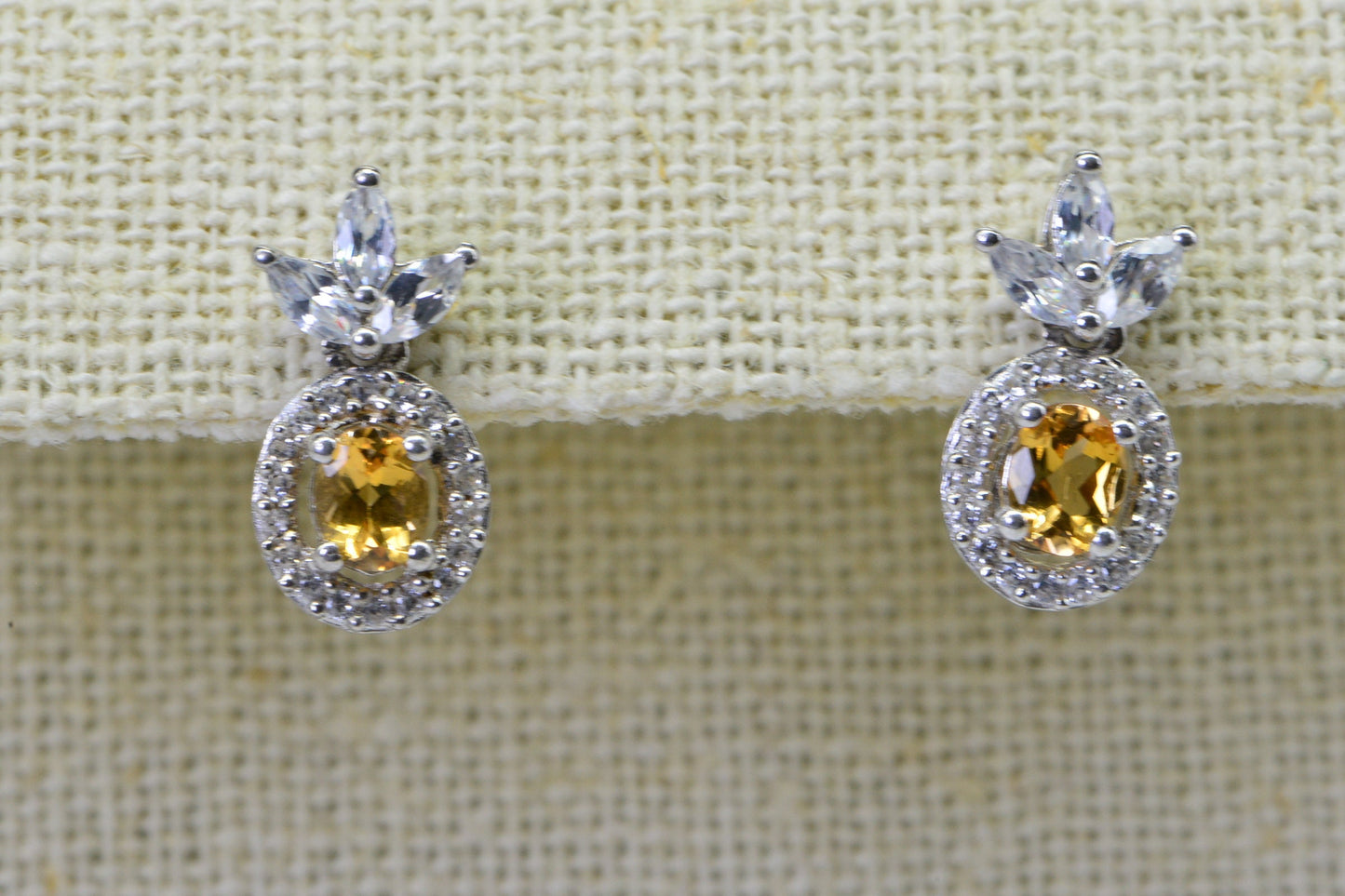 Citrine Stud Earrings, Halo Diamond, Sterling Silver Flower