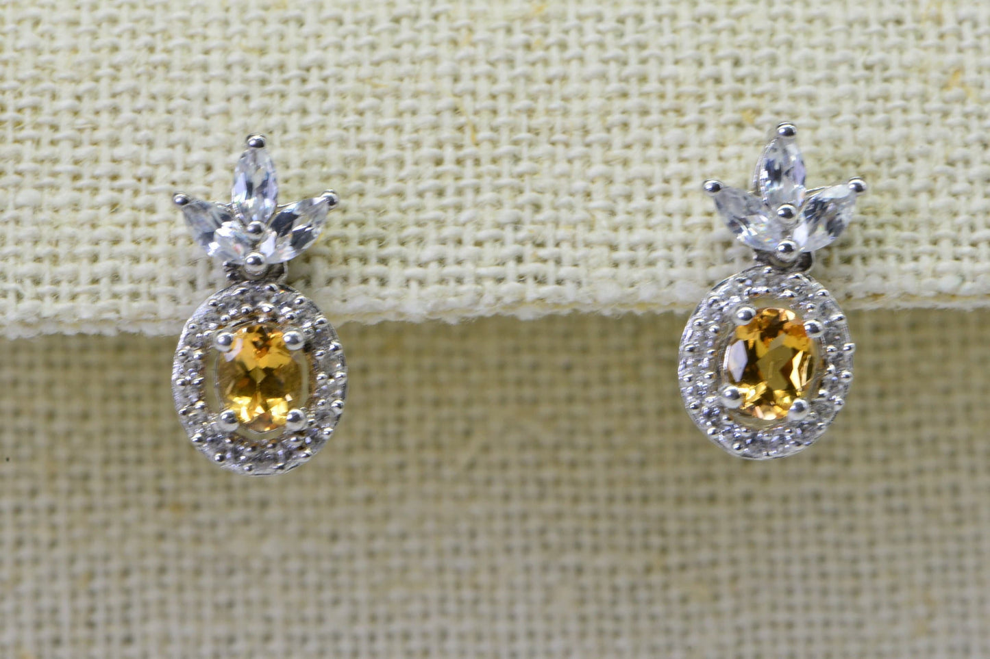 Citrine Stud Earrings, Halo Diamond, Sterling Silver Flower