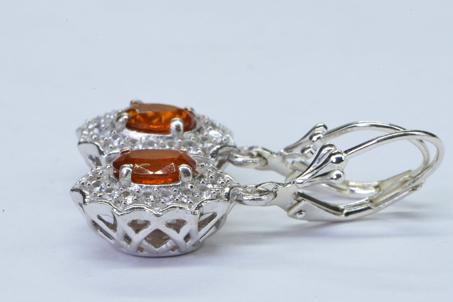 Mexican Fire Opal Sterling Silver Dangle Earrings: Diamond Halo, Vintage Style