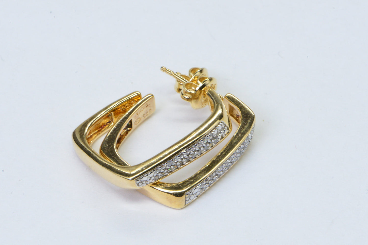 Diamond Square Hoop 14K Yellow Gold Electroplated  on 925 Sterling silver Vintage Earrings