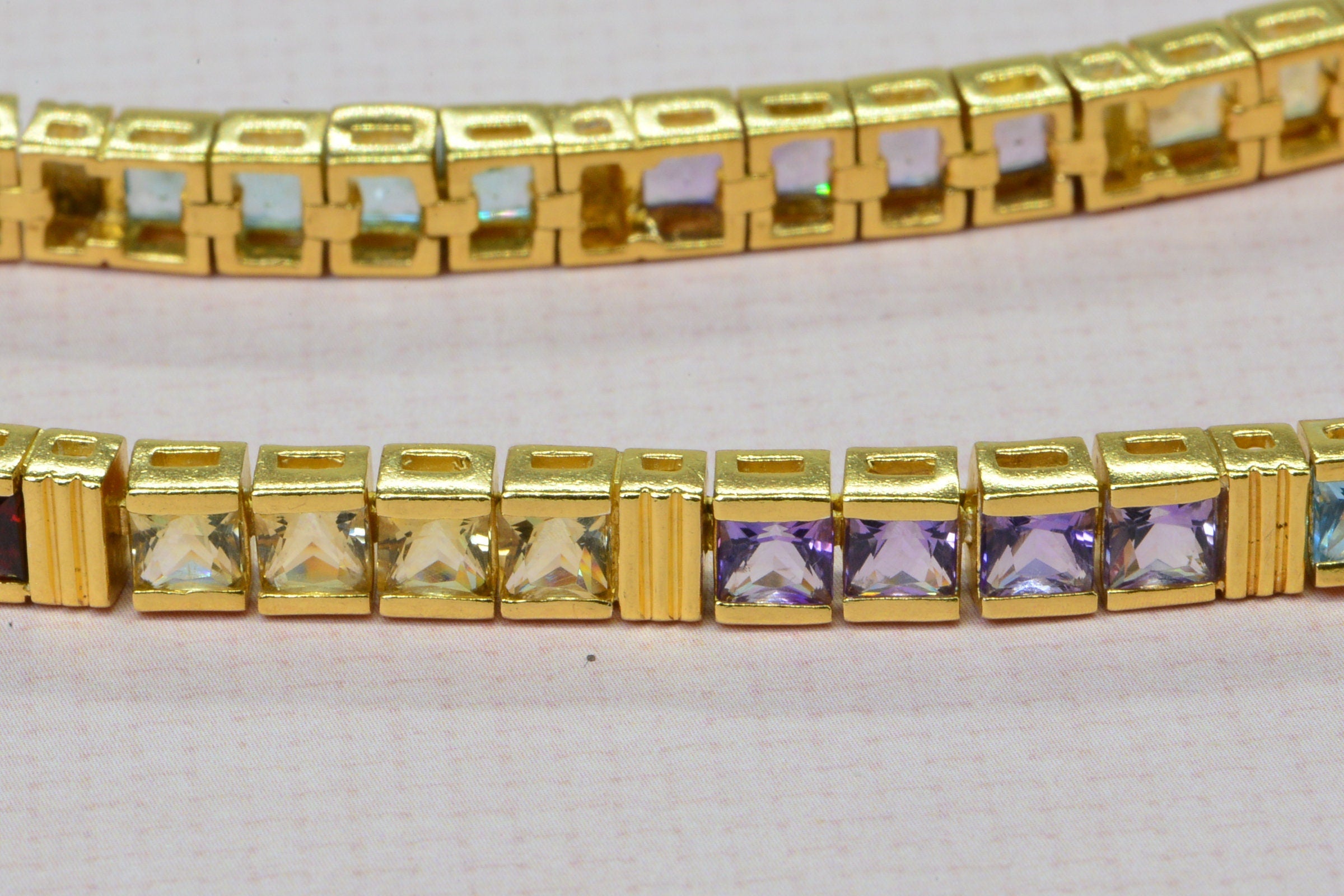 Multi Stone Bracelet: 24K Gold Vermeil Princess Cut Gemstone Tennis Bracelet