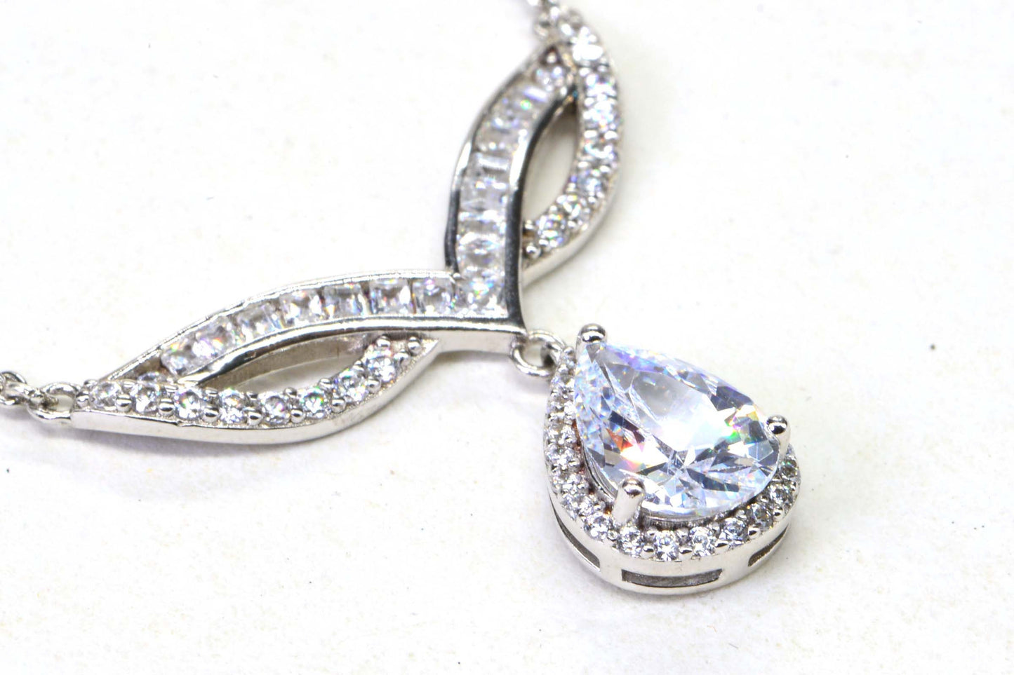 Teardrop Cubic Zirconia Necklace: Sterling Silver Bridal Lariat
