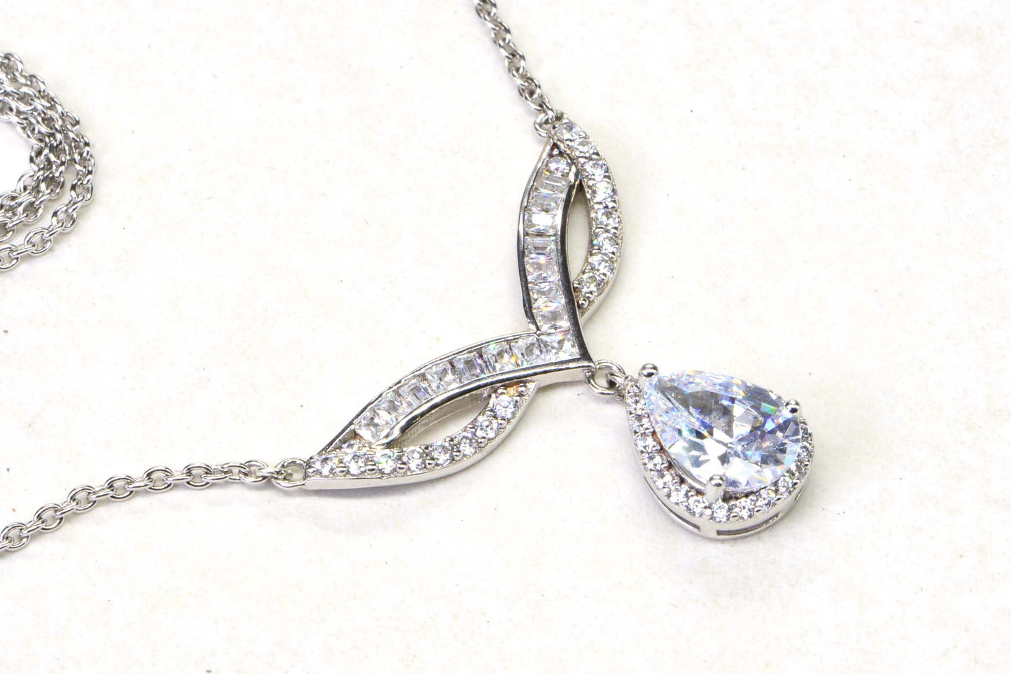 Teardrop Cubic Zirconia Necklace: Sterling Silver Bridal Lariat