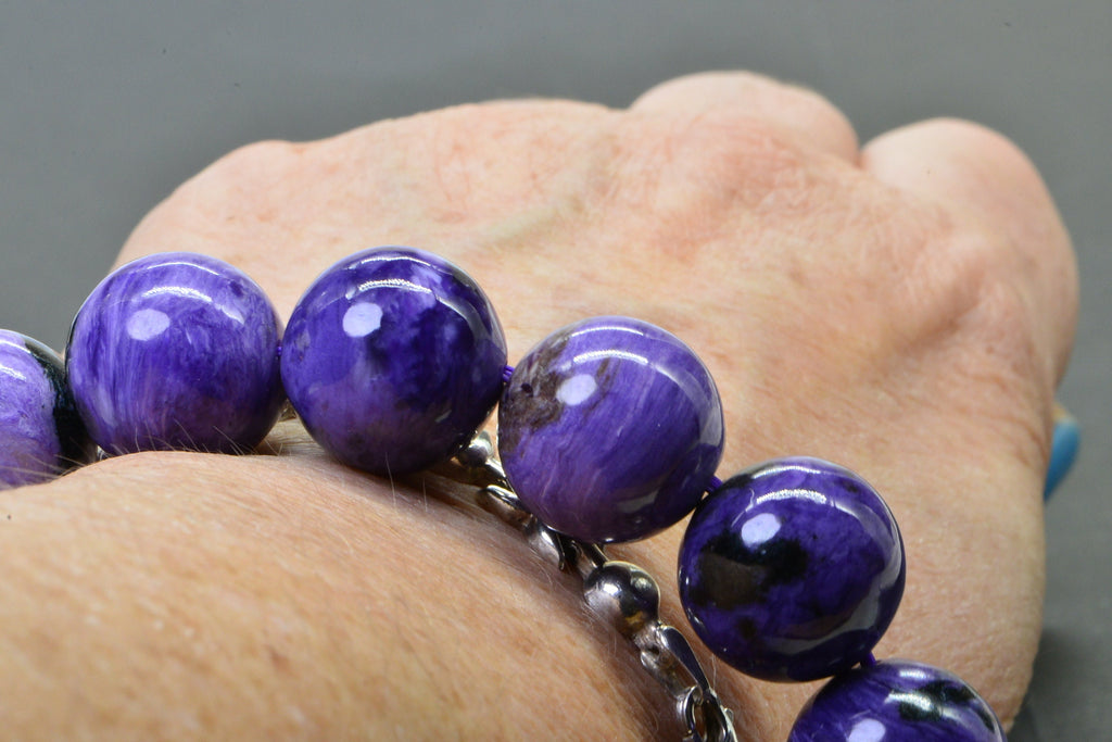 Russian Charoite 13mm Round Beads Bracelet Stretch Cord Deep Purple Gemstone