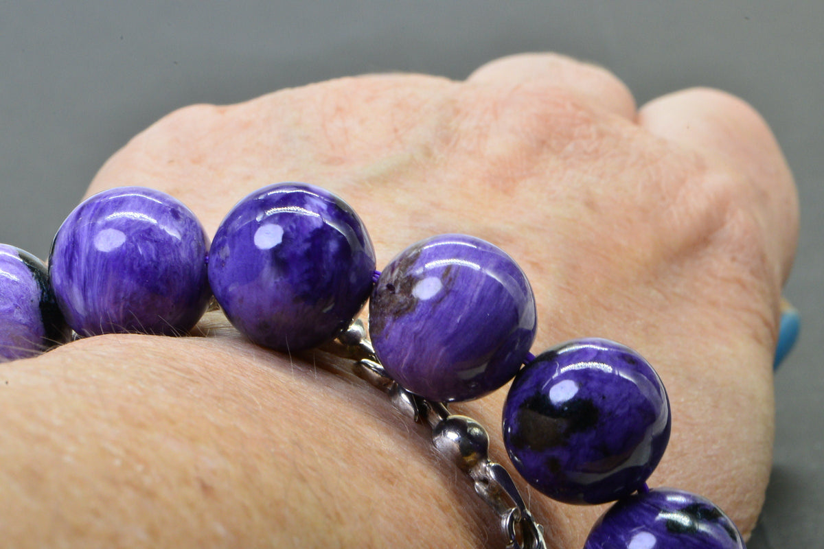 Russian Charoite 13mm Round Beads Bracelet Stretch Cord Deep Purple Gemstone