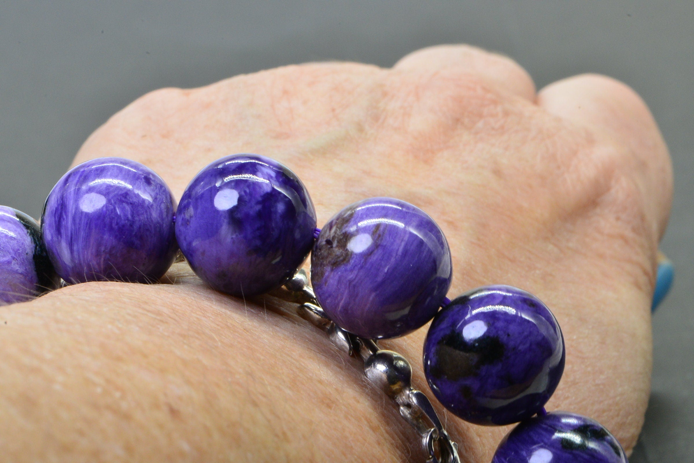 Russian Charoite 13mm Round Beads Bracelet Stretch Cord Deep Purple Gemstone