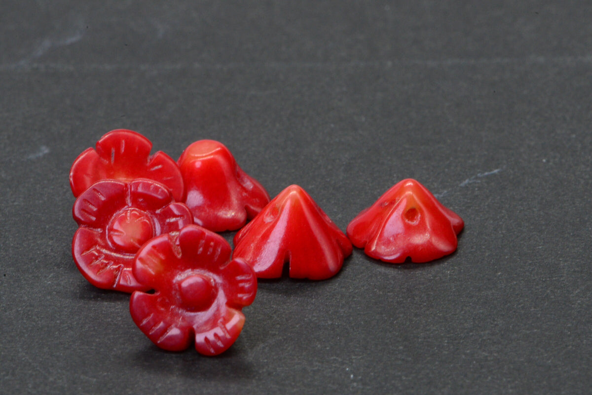 Natural Coral Carved Poppy Floral Beads Gemstone Red Coral