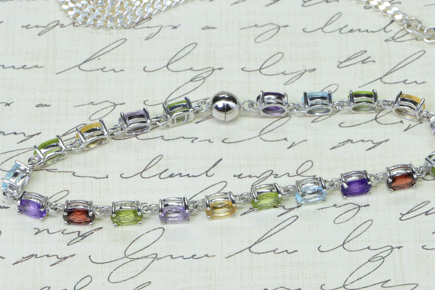Rainbow Gemstone Necklace Bracelet Set: Sterling Silver Multi-Gem