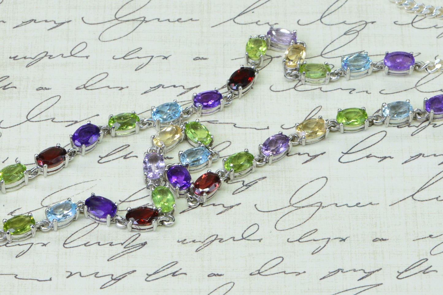 Rainbow Gemstone Necklace Bracelet Set: Sterling Silver Multi-Gem