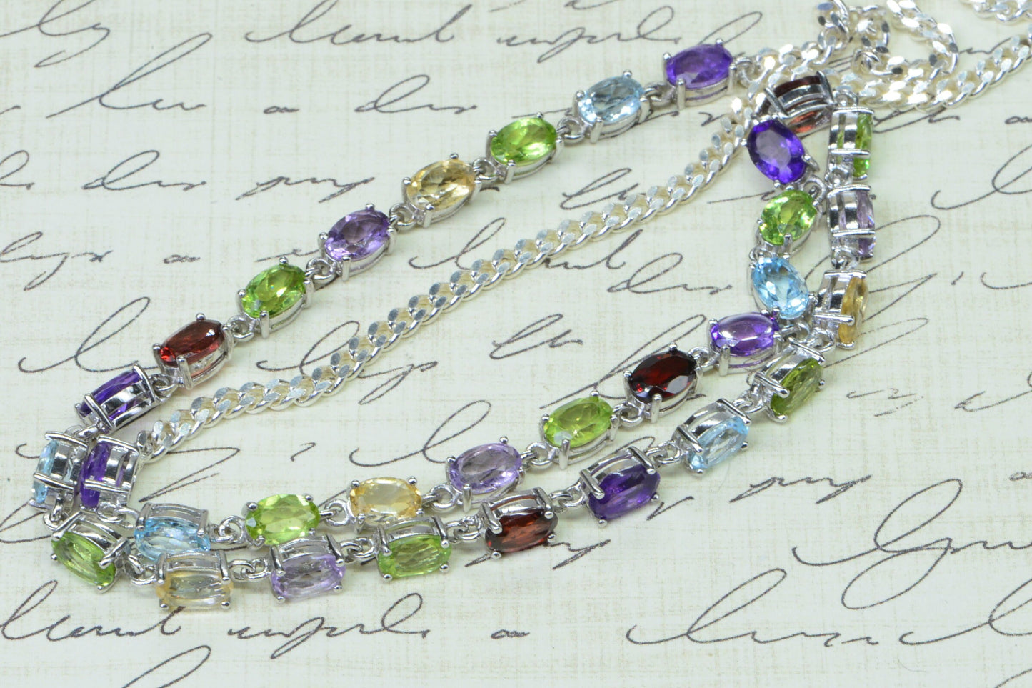 Rainbow Gemstone Necklace Bracelet Set: Sterling Silver Multi-Gem