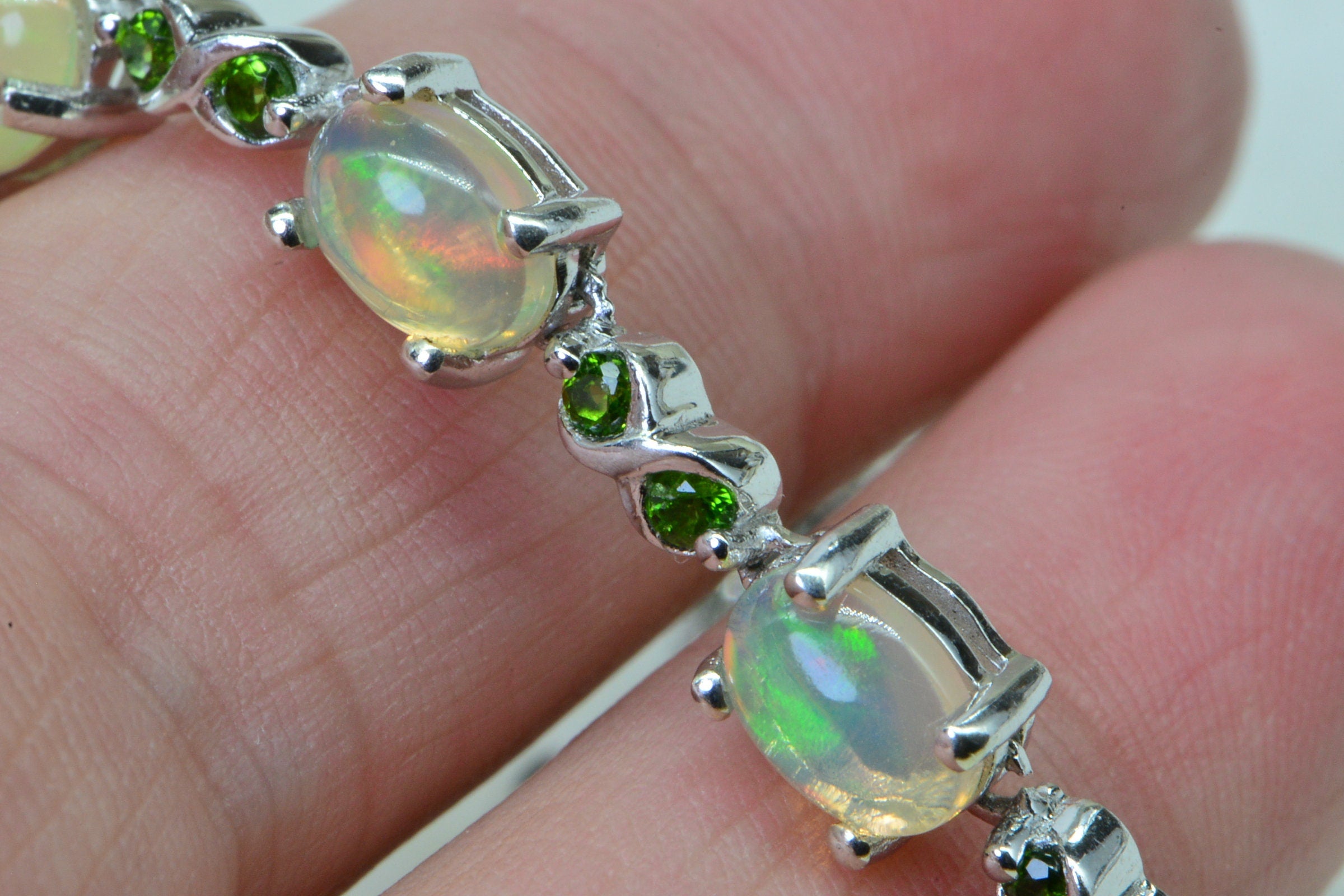 Ethiopian Opal Natural Diopside Sterling Silver Adjustable Bolo Bracelet For Women Birthstone October