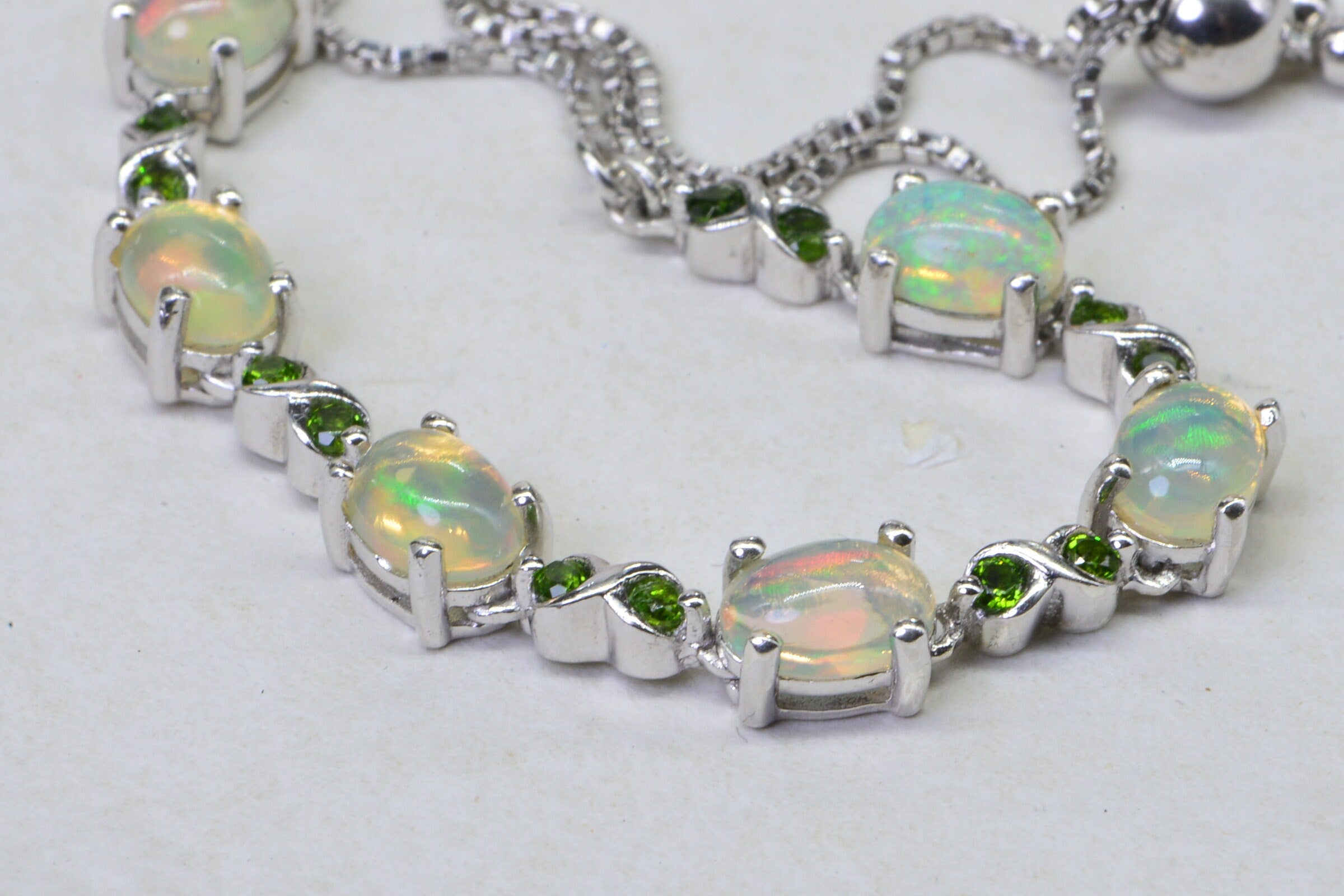 Ethiopian Opal Natural Diopside Sterling Silver Adjustable Bolo Bracelet For Women Birthstone October