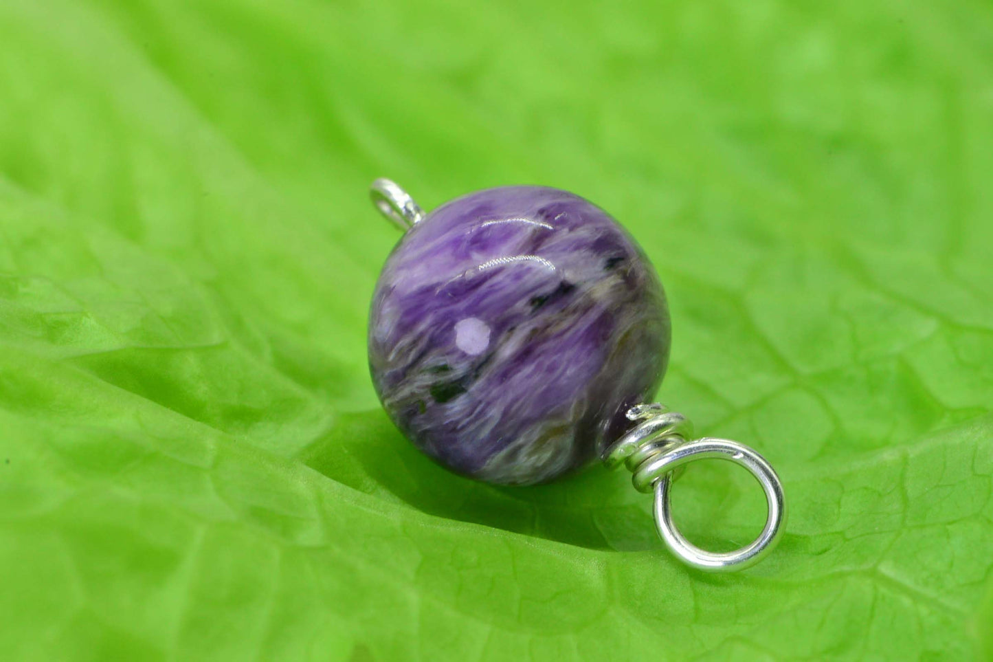 Russian Charoite  Charm Pendant  9 mm Wire Wrapped In Sterling Silver