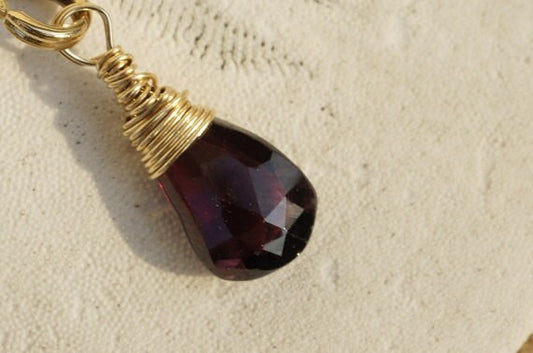Red Garnet and 14K Gold Wire Wrapped Pendant  Birthstone for January, Add Dangle