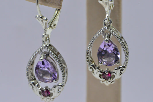 Amethyst Garnet 925 Silver Drop Earrings - 2 ctw