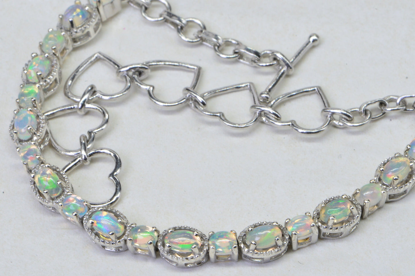 Ethiopian Welo Opal Bracelet, Sterling Silver Multi-Gem, Adjustable Heart Chain