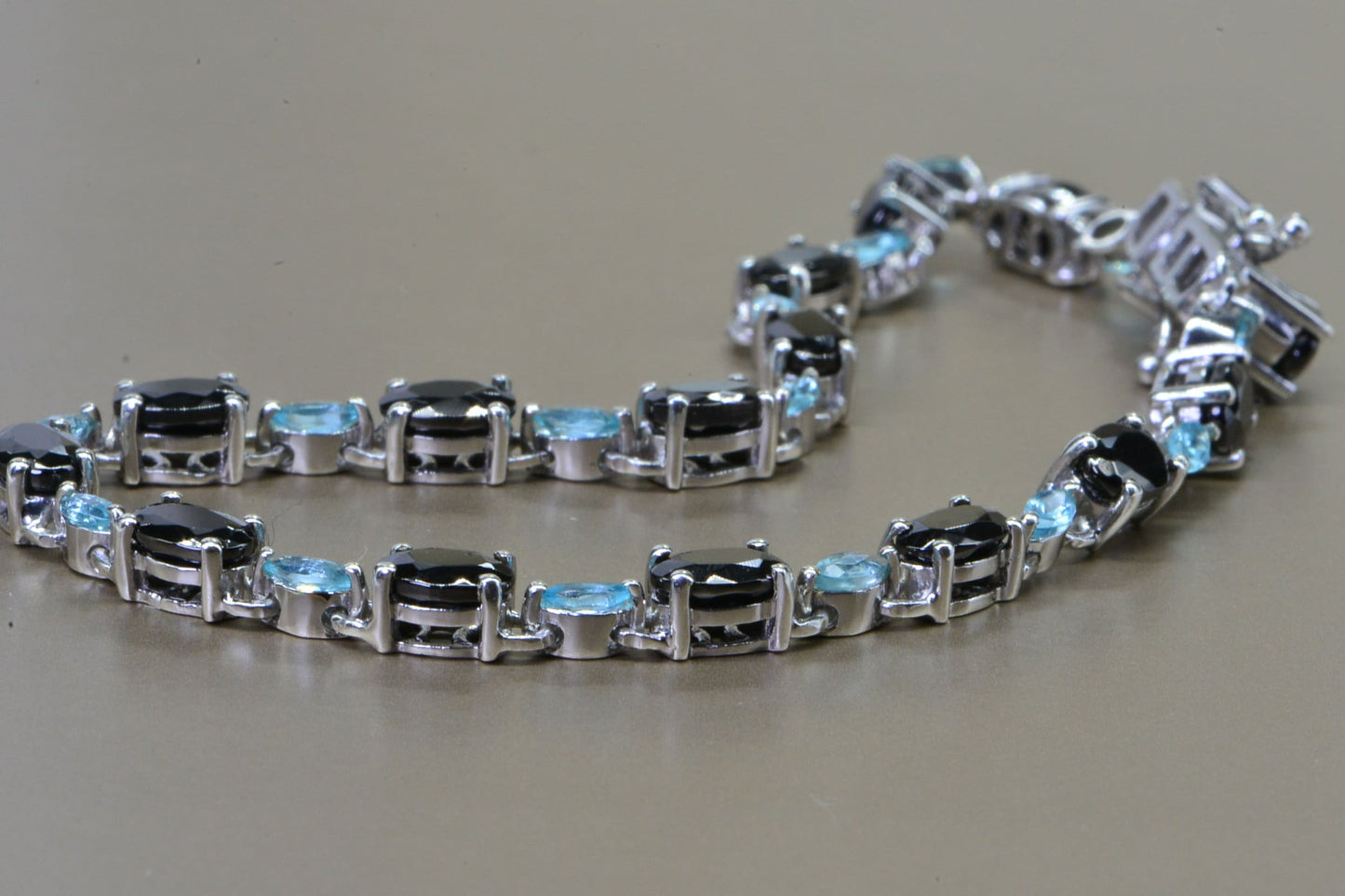Black Spinel & Apatite Tennis Bracelet, Platinum Over Sterling Silver, Vintage Style