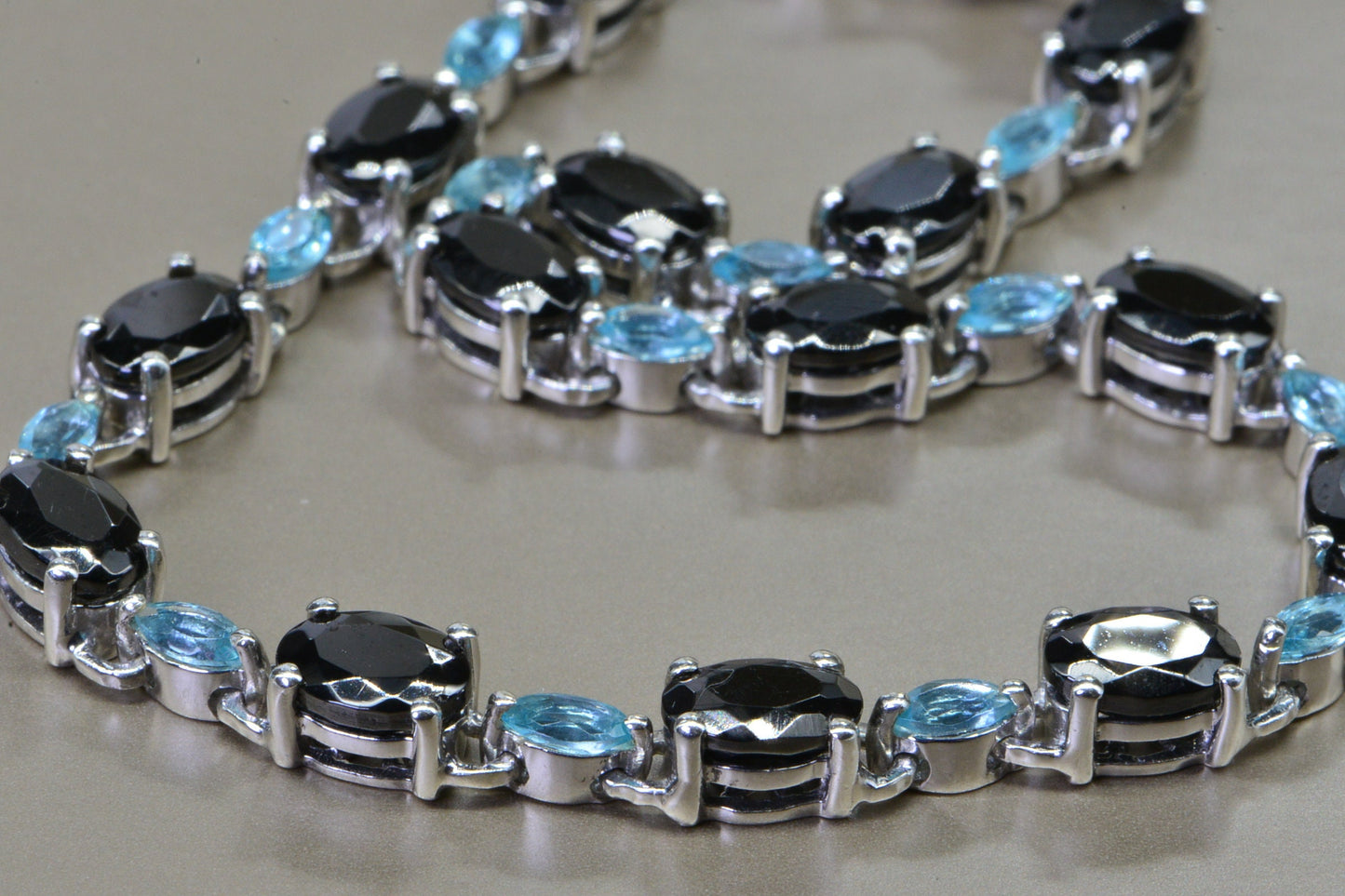 Black Spinel & Apatite Tennis Bracelet, Platinum Over Sterling Silver, Vintage Style
